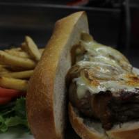 Tavern Steak · Twelve ounces NY strip. Sliced, on garlic bread. Sautéed mushrooms and onions, melted provol...