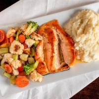 Grilled Salmon · served with carrot & ginger puree, asparagus, potatoes, garlic sauce.
