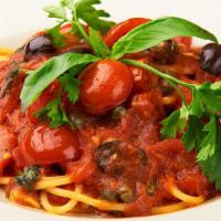 Spaghetti Puttanesca · With fresh tomato, black olives and capers.