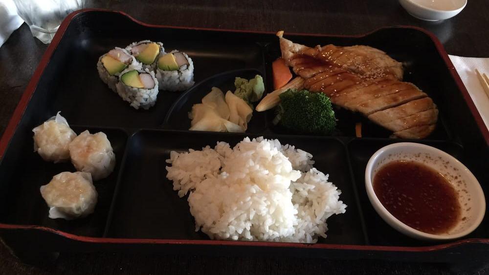Teriyaki Bento Box Lunch · Your choice of tofu, chicken, beef, shrimp or salmon. Served with miso soup, a salad, shumai, rice and a California roll.