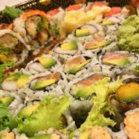 Party Tray A · Includes seven select rolls, California, spicy tuna, Alaskan, shrimp tempura, snow crab avoc...