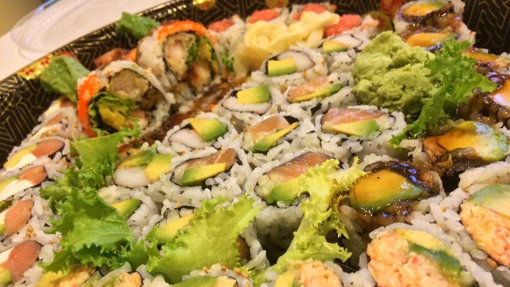 Party Tray A · Includes seven select rolls, California, spicy tuna, Alaskan, shrimp tempura, snow crab avocado, eel avocado, and Philadelphia.