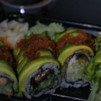 Dragon Roll · eel, cucumber inside with avocado & tobiko on top.