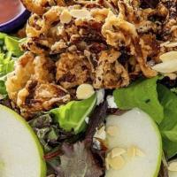 Sweet & Crunchy · Organic Mixed Greens, Homemade Onion Rings, Organic Goat Cheese, Sliced toasted Almonds and ...