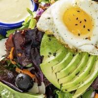 Sunnyside Salad · Organic Mixed Greens, Fresh Red Onions, Fresh Tomatoes, Ripe Avocado, Carrot, Sliced Black O...