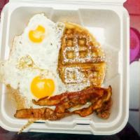 Two Eggs & Belgian Waffles · Served with choice of ham, bacon or sausage