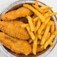 Chicken Tenders (4 Pcs.) · With French fries and can of soda.