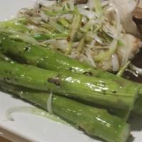 Steamed Chilean Sea Bass (Filet) · Spicy. Steamed with fresh shiitake mushroom, asparagus, ginger and scallion in soy dressing ...