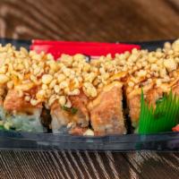Volcano Roll · In: Deep fried shrimp, cucumber.
Out: Spicy tuna, crunch.