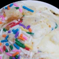 Birthday Cake · Yellow cake ice cream with real cake pieces, rainbow sprinkles, and blue buttercream. Allerg...