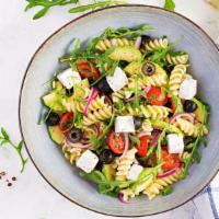 Pasta Salad · Delicious salad made with cooked pasta, mayo, and served on a mixture of fresh seasonal gree...