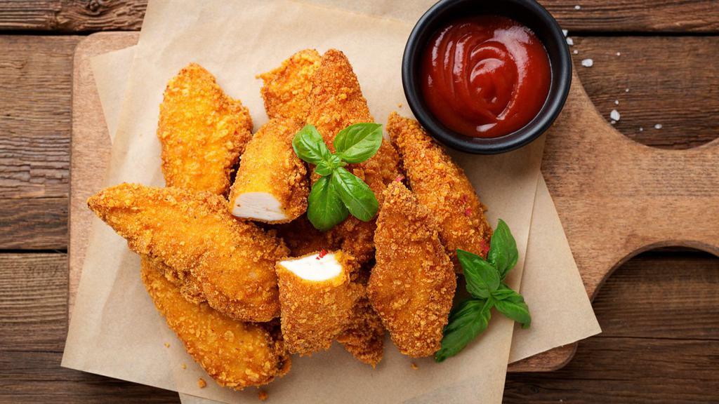 Chicken Fingers · Five pieces of breaded and fried chicken strips.
