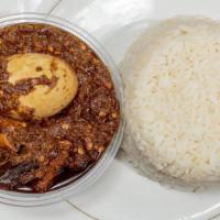 Ayamase Rice · White rice with green pepper sauce garnished with assorted meats.