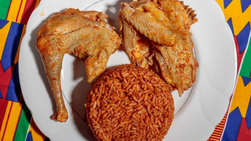 Jollof Rice · Parboiled rice cooked in peppers, onions, tomatoes and spices. Served with chicken, turkey and beef or fish.