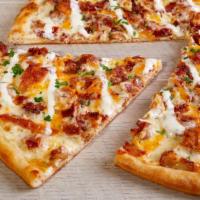 Chicken Bacon Ranch Pizza · Chicken Cutlet, Bacon, Mozzarella Cheese, Cheddar Cheese & Ranch Dressing.