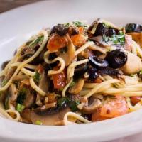 Linguine With Garlic · mushrooms, black olives, tomato, olive oil.