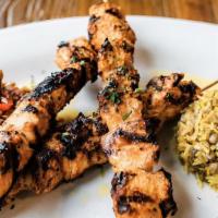 Chicken Shish Kebab · Tender marinated chicken breast cubes served with Briami roasted vegetables and Mujaddara le...