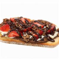 Juliet Toast · Mascarpone, strawberries, cocoa granola, & chocolate nibs on toasted bread & nutella.
