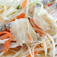 Som Tum Pu  / ส้มตำปู · Thai papaya salad with raw salted blue crab and palm sugar, chili garlic, string bean, tomat...