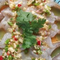 Raw Shrimp Salad / กุ้งแช่น้ำปลา · Traditional Thai raw shrimp salad, chili, garlic, cilantro bitter gourd with spicy and sour ...
