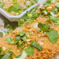 Lao Crepe · Rice flour crepe with chicken, bean sprout, topped with scallion - cilantro mixed and fried ...