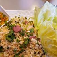 Nam Khao (Crispy Rice) · Crispy fried rice with fermented pork sausage, lime juice with Lao seasonings, garlic, scall...