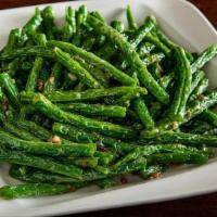 String Beans Gf' · String beans stir-fried with garlic, ginger & preserved vegetable. No Spice.