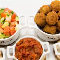 Combination Platter · Vegetarian, gluten-free. Hummus, babaganoush, Spanish eggplant, Israeli salad, pita, pickles.