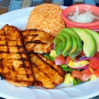Pollo A La Parrilla · Grilled chicken breast seasoned with panchito’s sauce with mix greens, avocado, and mango.