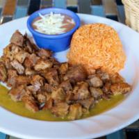 Carnitas (Pork) · Slowed cooked pork and fried with side of pico de gallo and guacamole. Served with rice, bea...