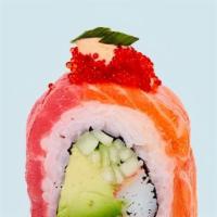 Over The Rainbow. · Crab, Avocado, Cucumber and Salmon, Tuna, Tobiko, Soybean sprout on top
