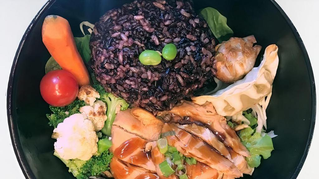 ~~Black Rice  Chicken Bowl~~ · Natural Black Rice Bowl with grilled- marinated Chicken, air baked cauliflower, steamed Broccoli, carrot, cherry tomato, scallion , Shrimp shumai and dumpling. It comes with teriyaki sauce. Choice of natural black rice or white rice