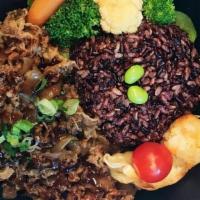 ~~Black Rice Beef Bowl~~ · Natural Black Rice Bowl with Soy sauce base-Marinated Beef, air baked cauliflower, steamed B...
