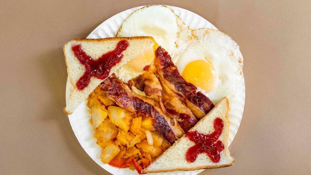 2 Eggs Breakfast Platter · Served with home fries and toast.