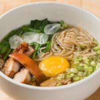 Garlic Chicken Ramen · Baby bok choi and poached egg. Allergens: dairy, soy, gluten. 
 Noodles contain egg.