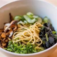 Ginger Scallion Noodles · Vegan.  No broth.     Pickled shiitake, cucumber, and wakame. Allergens: soy, gluten, sesame