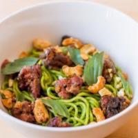 Chilled Spicy Noodles · No broth.      Sichuan sausage, thai basil, and peanuts. Allergens: soy, gluten, pork, nuts.