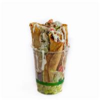 Taquito In A Cup (2) · Shredded chicken rolled in corn tortillas (2) fried and served in a cup topped w/ lettuce, g...