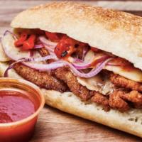 Fire Island · Breaded chicken cutlet, Jalapeno Jack cheese, roasted red. pepper, grilled onions and chipot...