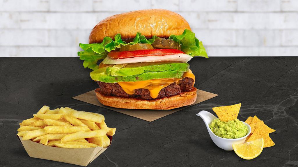 Cadet Cado Burger · American beef patty topped with avocado, melted cheese, lettuce, tomato, onion, and pickles. Served on a warm bun.