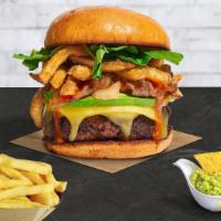 Eyes On The Fries Burger · American beef patty topped with fries, avocado, caramelized onions, ketchup, lettuce, tomato...