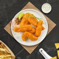 Ride The Buffalo Tenders · Chicken tenders breaded and fried until golden brown before being tossed in buffalo sauce.