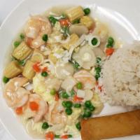 Shrimp W. Lobster Sauce · Served with roasted pork fried rice and egg roll.
