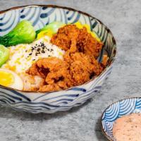 Fried Chicken Rice Bowl 炸鸡饭. · Japanese Style + Thai Style Marinated Fried Chicken with mild Curry Flavor and Special Sauce...