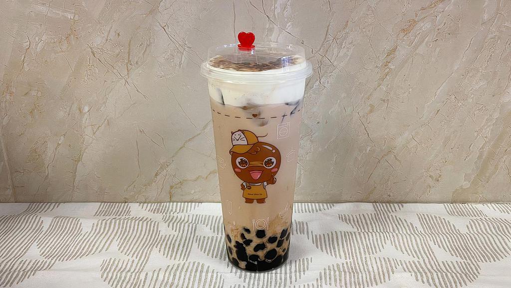 Midnight Tea · Boba, milk tea, cheese foam with brown sugar. Currently only serving the large size.