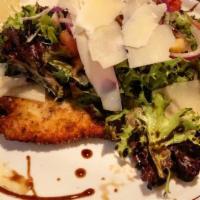Milanese · Thin Breaded Breast Topped With Baby Arugula, Tomatoes, Onions and Balsamic Vinaigrette, Sha...