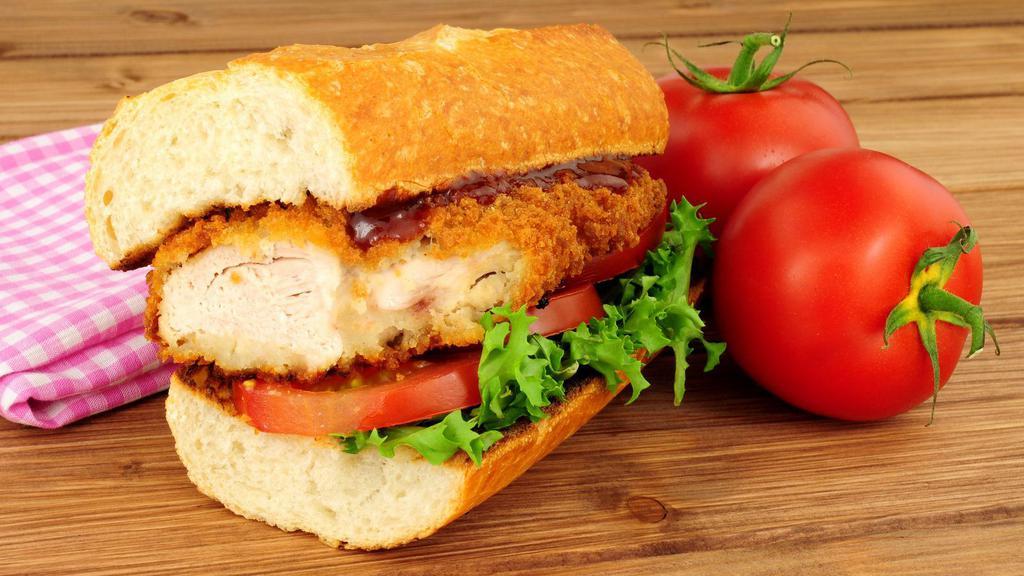 Breaded Chicken Sandwich · Breaded chicken, fresh lettuce, juicy tomato and mayo on sliced bread or roll.