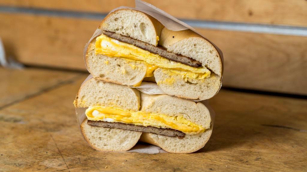 Sausage, Egg And Cheese Bagel · Choice of bagel with sausage, 2 scrambled eggs, and cheese.
