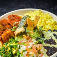 Yucatan Mayan Bowl · Yellow rice, black beans, guacamole, salsa fresco, tofu mole, salsa verde and crispy tortill...