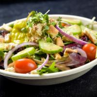 Greek Salad Bowl · Lettuce, tofu feta, olives, cucumber, tomato, red onion, pepperoncini and red wine vinaigret...